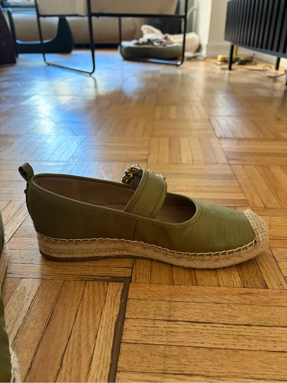 Sam Edelman Olive Green Espadrille Mary Janes with Decorative Gold Buckle